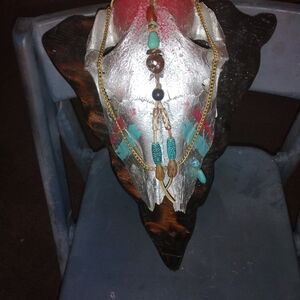 Wall Art Decor With Real Turquoise and Gold Beaded Necklace